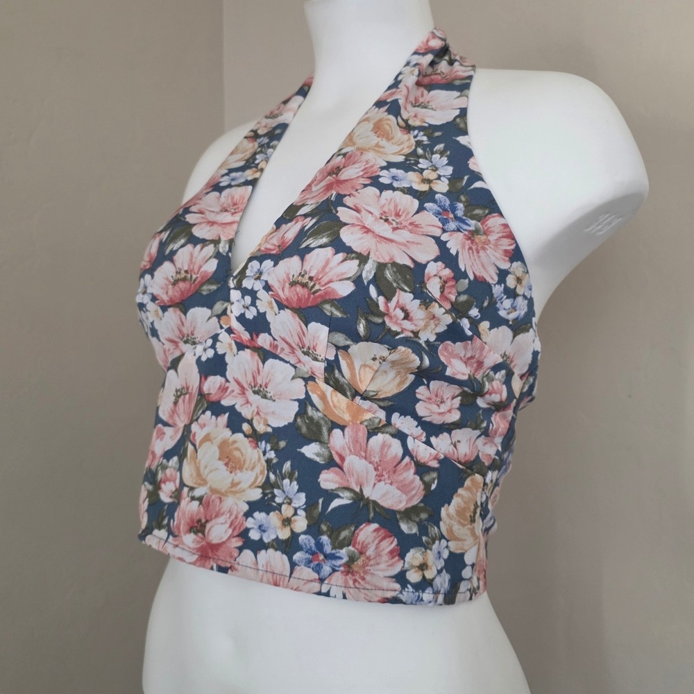 Abercrombie & Fitch Floral Halter Crop Top Blue Pink Open Back Tie Neck Tie Back